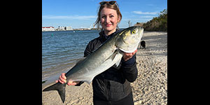 Ivanna Harshman holds up a large bluefish caught near Ocean City. Photo by Mary Harshman